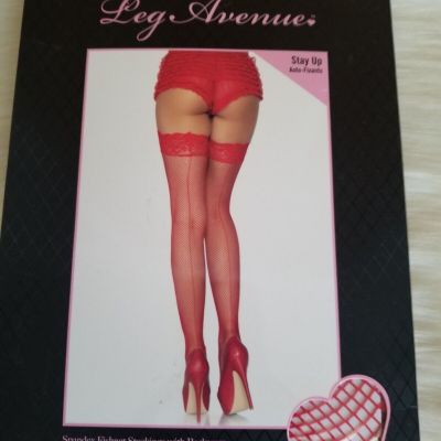 LEG AVENUE STAY UP FISHNET STOCKINGS RED ONE SIZE BACKSEAM LACE TOP NEW